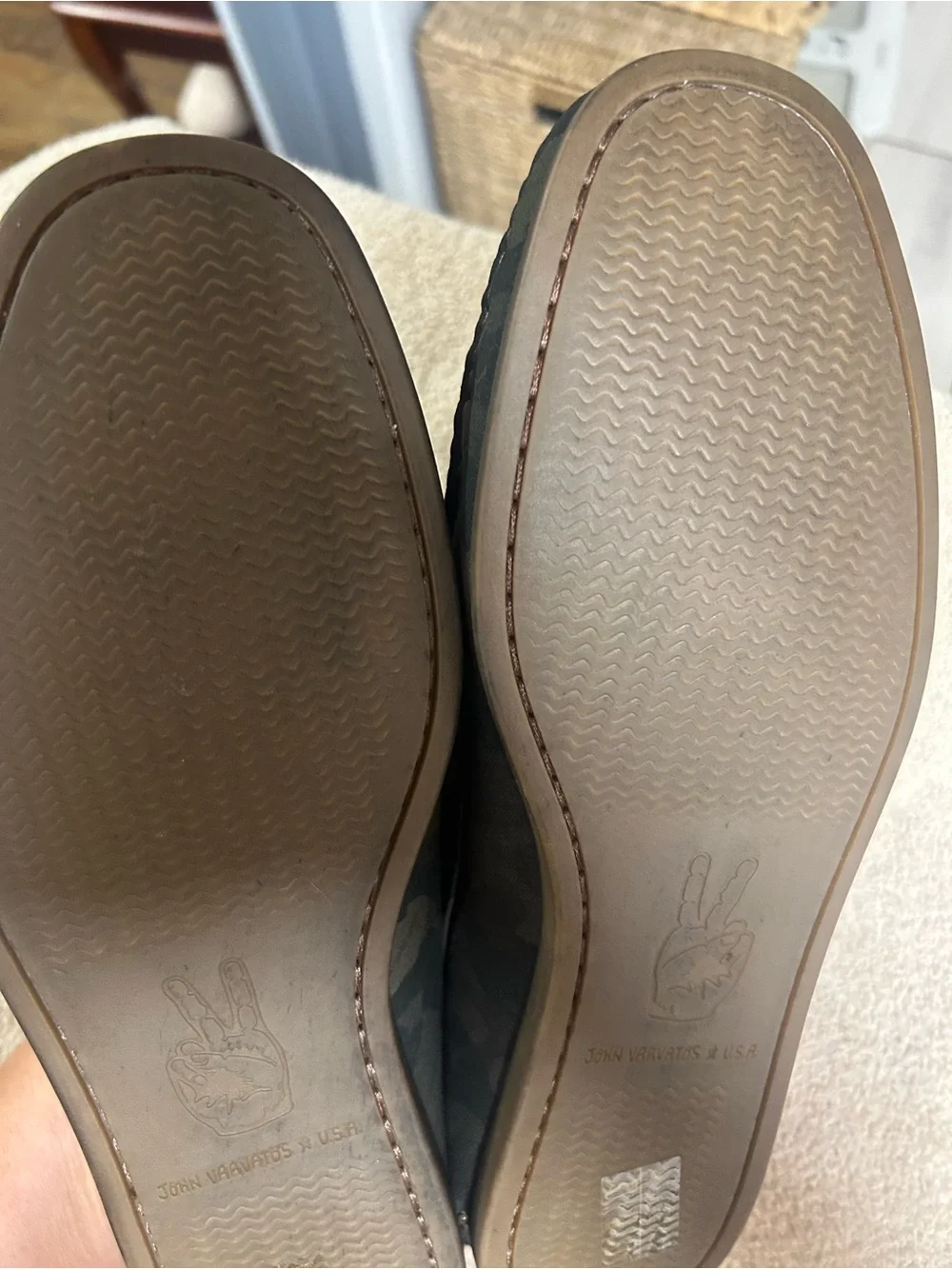 JOHN VARVATOS USA DARK CAMO PATTERNED SCHOONER BOAT SHOES. New size 9